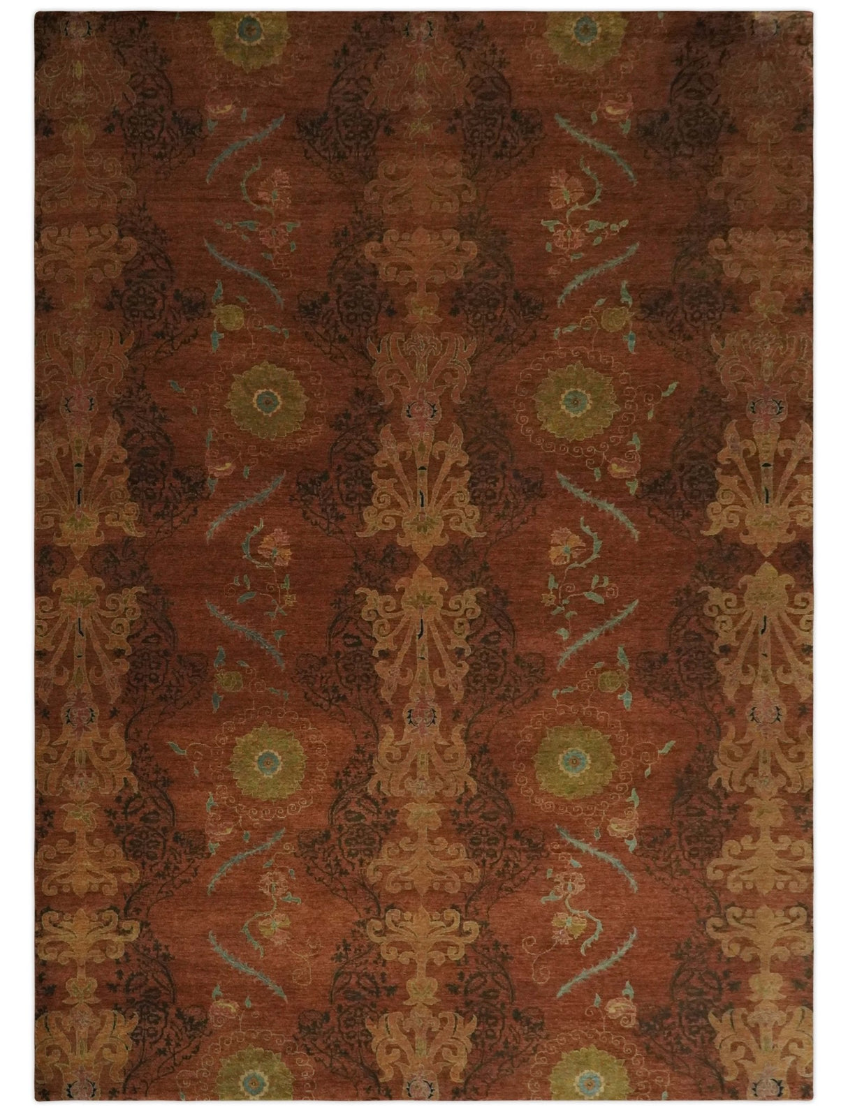 Fine Antique Style Brown, Rust and Green Traditional Ikat design Hand knotted wool Area Rug