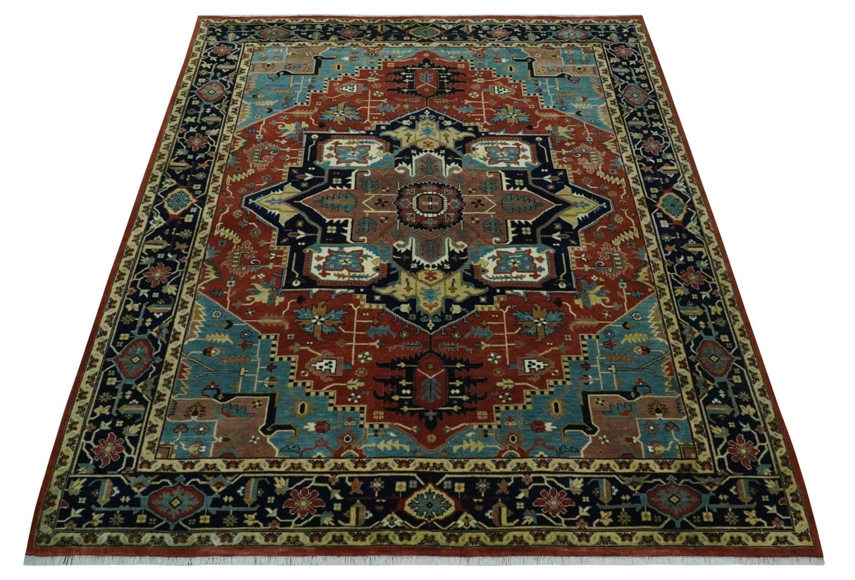 Fine Blue, Brown and Teal Traditional Floral Hand knotted 8x10 wool Area Rug