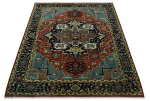 Fine Blue, Brown and Teal Traditional Floral Hand knotted 8x10 wool Area Rug