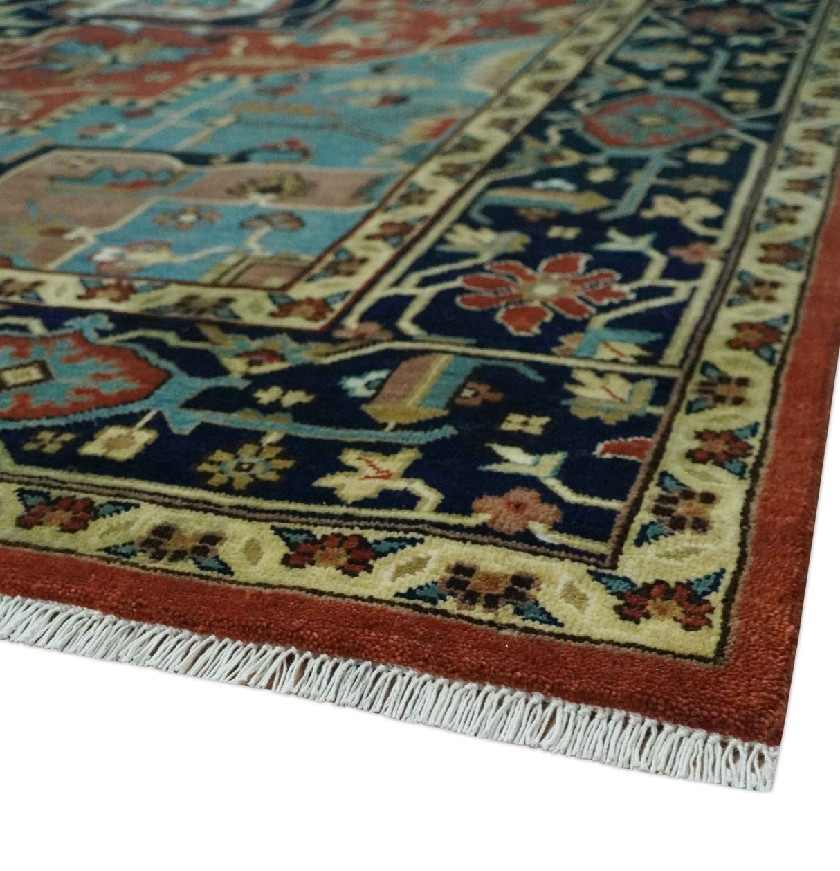 Fine Blue, Brown and Teal Traditional Floral Hand knotted 8x10 wool Area Rug