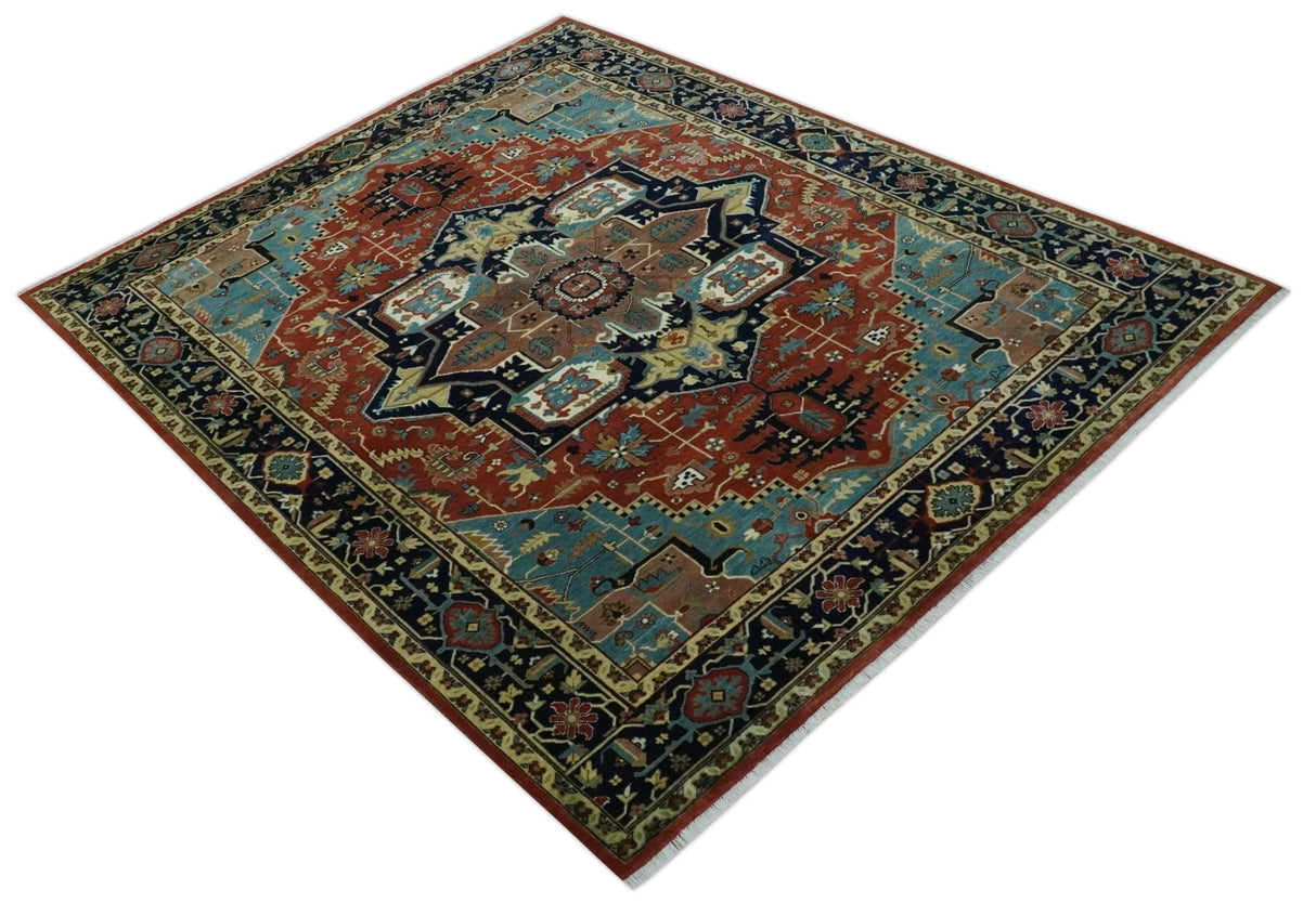 Fine Blue, Brown and Teal Traditional Floral Hand knotted 8x10 wool Area Rug