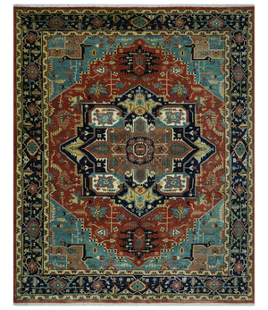 Fine Blue, Brown and Teal Traditional Floral Hand knotted 8x10 wool Area Rug