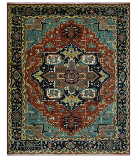 Fine Blue, Brown and Teal Traditional Floral Hand knotted 8x10 wool Area Rug