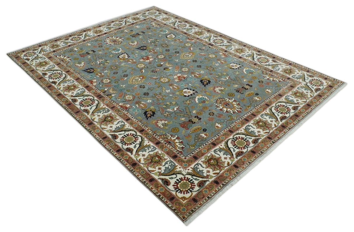 Fine Gray and Ivory Hand knotted Traditional 9x12 wool Area Rug