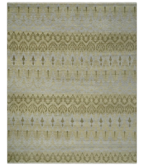 Fine Green 8x10 Hand Knotted Beige, Olive and Silver Traditional Wool Rug