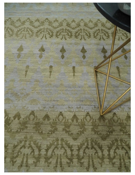 Fine Green 8x10 Hand Knotted Beige, Olive and Silver Traditional Wool Rug