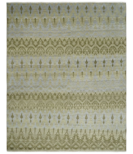 Fine Green 8x10 Hand Knotted Beige, Olive and Silver Traditional Wool Rug