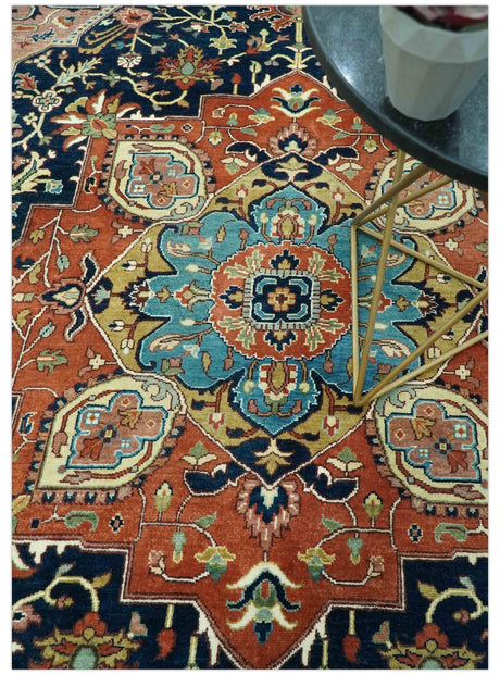 Fine Hand Knotted Rust and Blue Traditional Heriz Medallion 8x10 wool area rug