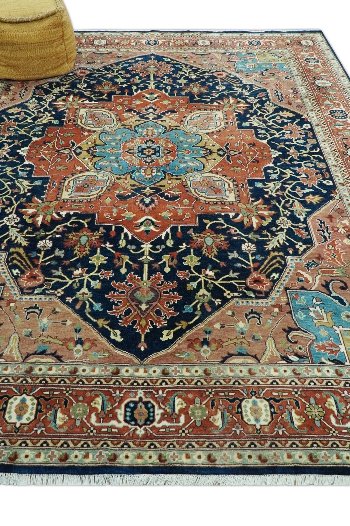 Fine Hand Knotted Rust and Blue Traditional Heriz Medallion 8x10 wool area rug