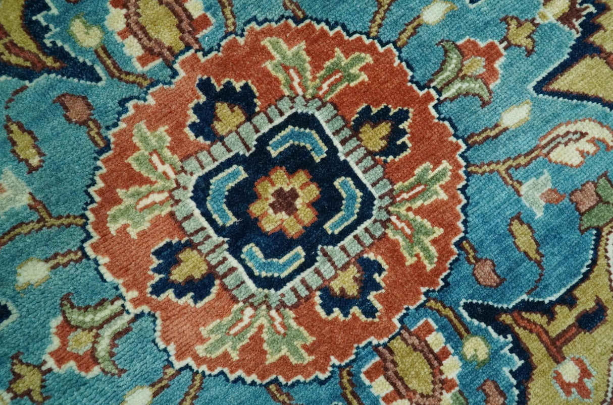 Fine Hand Knotted Rust and Blue Traditional Heriz Medallion 8x10 wool area rug
