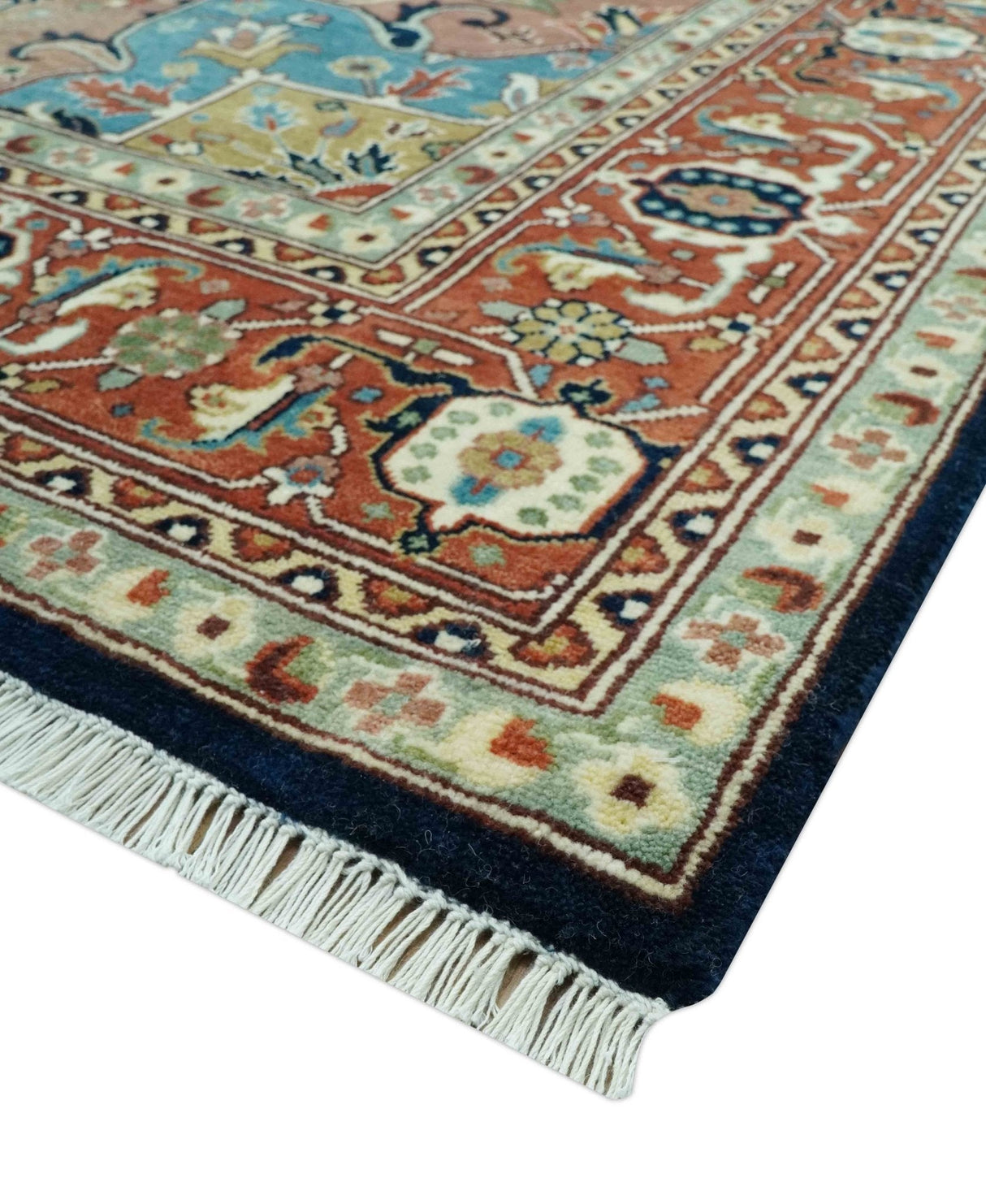 Fine Hand Knotted Rust and Blue Traditional Heriz Medallion 8x10 wool area rug