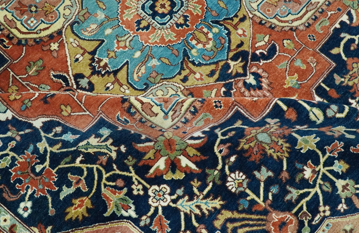 Fine Hand Knotted Rust and Blue Traditional Heriz Medallion 8x10 wool area rug