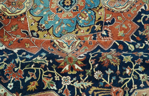 Fine Hand Knotted Rust and Blue Traditional Heriz Medallion 8x10 wool area rug