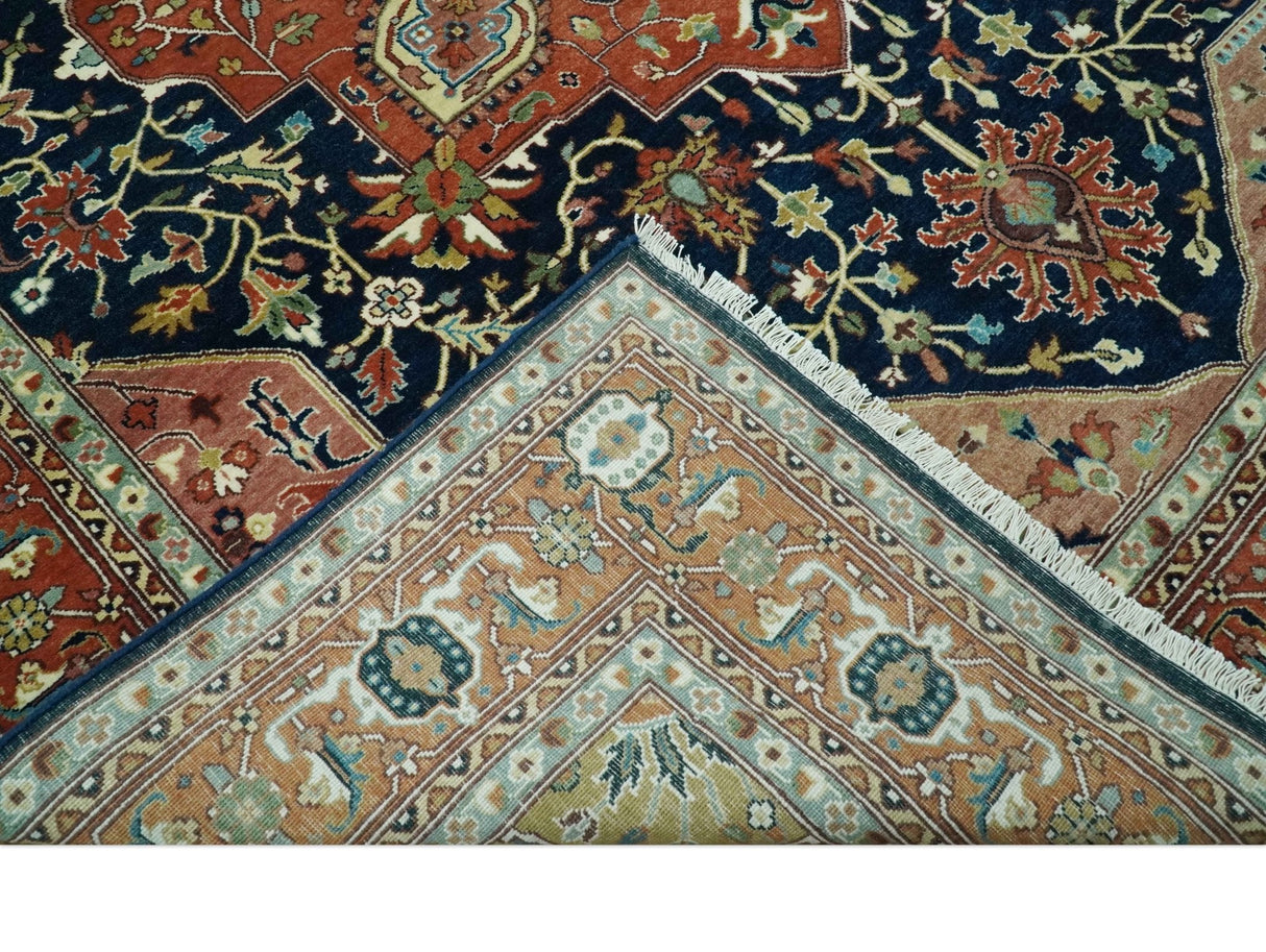 Fine Hand Knotted Rust and Blue Traditional Heriz Medallion 8x10 wool area rug