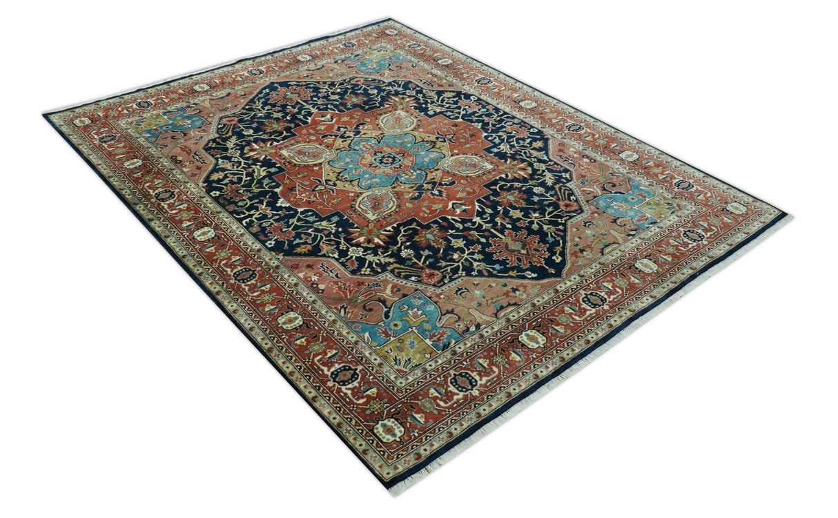 Fine Hand Knotted Rust and Blue Traditional Heriz Medallion 8x10 wool area rug