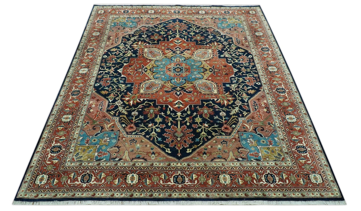 Fine Hand Knotted Rust and Blue Traditional Heriz Medallion 8x10 wool area rug