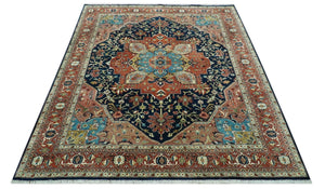 Fine Hand Knotted Rust and Blue Traditional Heriz Medallion 8x10 wool area rug