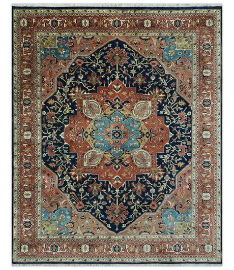 Fine Hand Knotted Rust and Blue Traditional Heriz Medallion 8x10 wool area rug