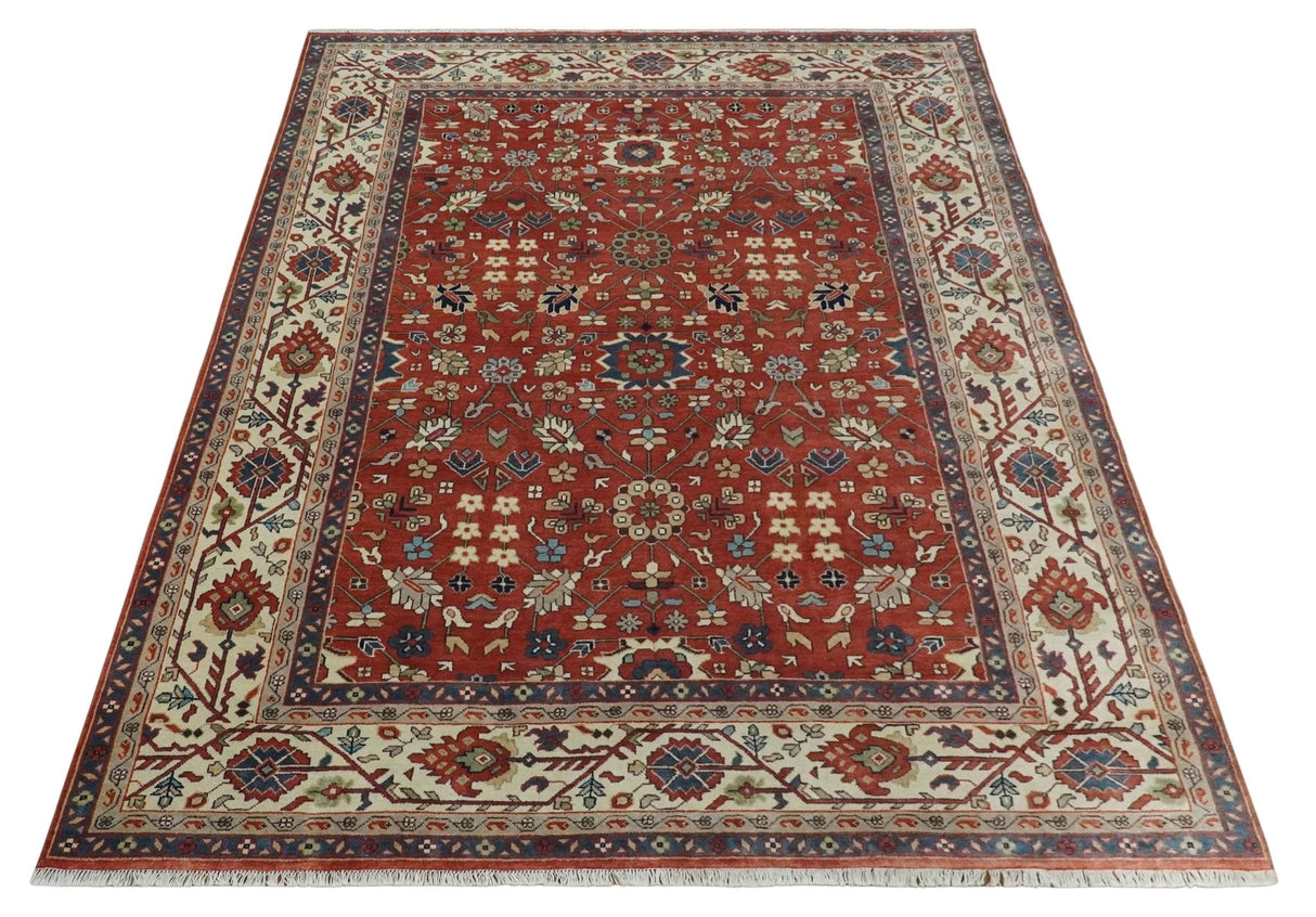 Fine Hand Knotted Rust and Ivory 8x10 and 9x12 Traditional Wool Area Rug