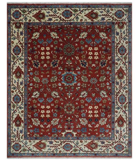 Fine Hand Knotted Rust and Ivory 8x10 and 9x12 Traditional Wool Area Rug