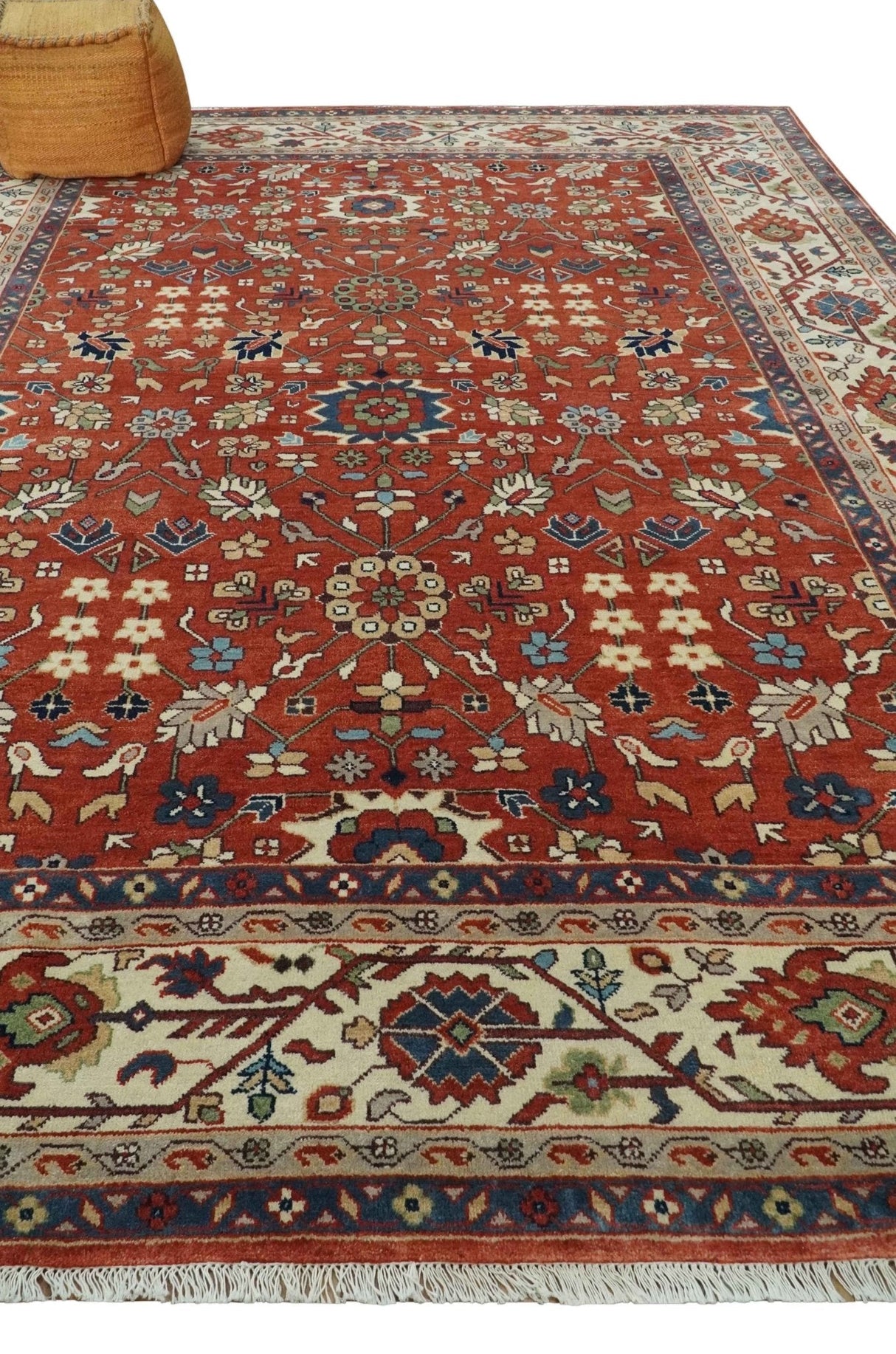 Fine Hand Knotted Rust and Ivory 8x10 and 9x12 Traditional Wool Area Rug