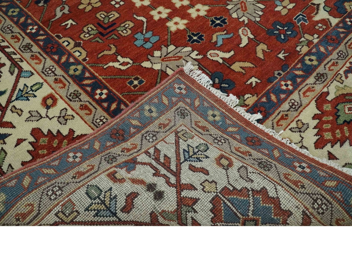 Fine Hand Knotted Rust and Ivory 8x10 and 9x12 Traditional Wool Area Rug