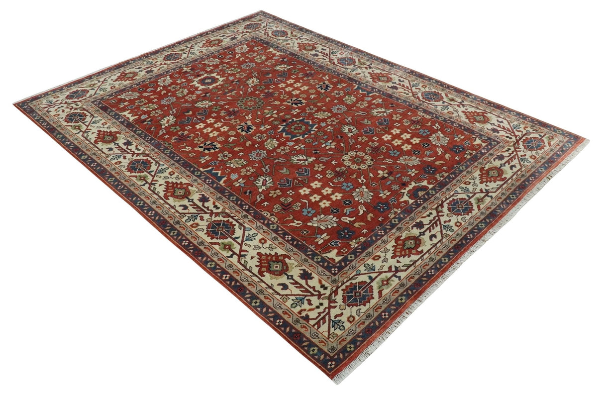 Fine Hand Knotted Rust and Ivory 8x10 and 9x12 Traditional Wool Area Rug