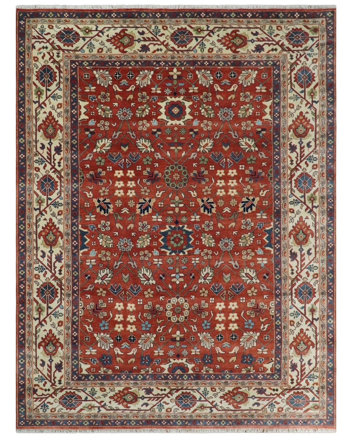 Fine Hand Knotted Rust and Ivory 8x10 and 9x12 Traditional Wool Area Rug