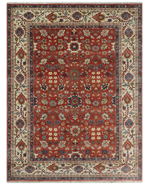 Fine Hand Knotted Rust and Ivory 8x10 and 9x12 Traditional Wool Area Rug