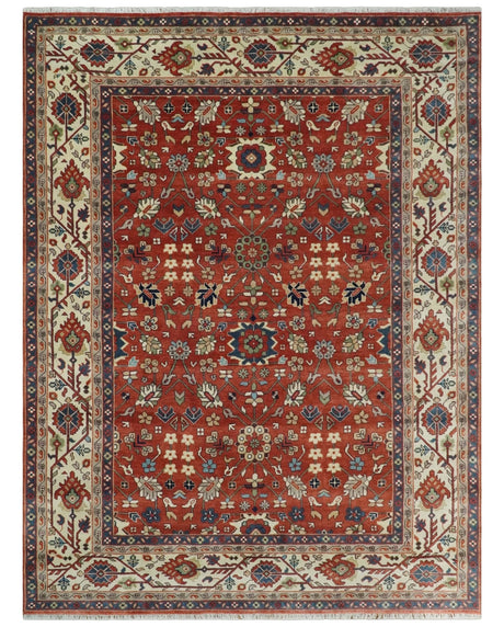 Fine Hand Knotted Rust and Ivory 8x10 and 9x12 Traditional Wool Area Rug