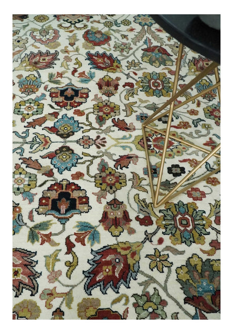 Fine Knots Ivory and Brown 8x10 and 9x12 Hand knotted Traditional Floral Wool Area Rug