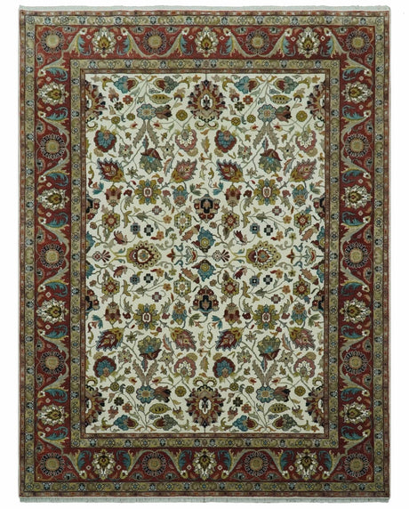 Fine Knots Ivory and Brown 8x10 and 9x12 Hand knotted Traditional Floral Wool Area Rug