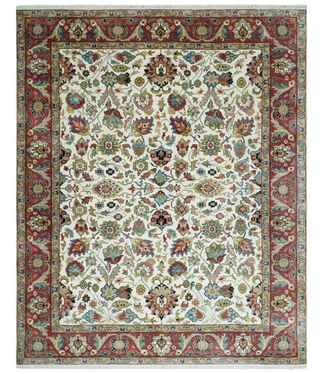 Fine Knots Ivory and Brown 8x10 and 9x12 Hand knotted Traditional Floral Wool Area Rug