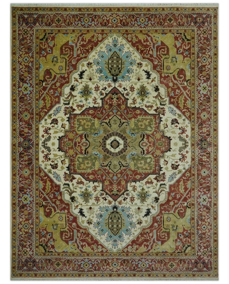 Fine Knots Red, Ivory and Olive 8x10 Hand knotted Traditional Wool Area Rug,