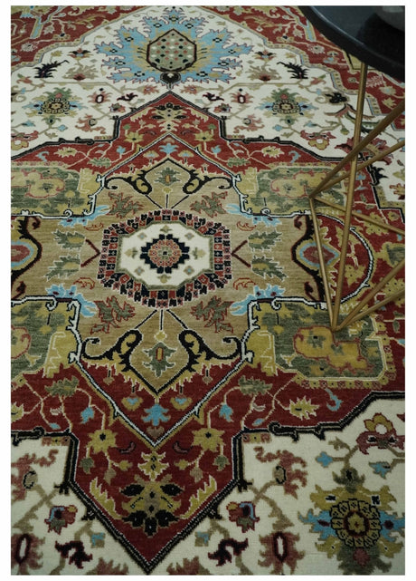 Fine Knots Red, Ivory and Olive 8x10 Hand knotted Traditional Wool Area Rug,