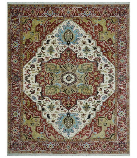 Fine Knots Red, Ivory and Olive 8x10 Hand knotted Traditional Wool Area Rug,