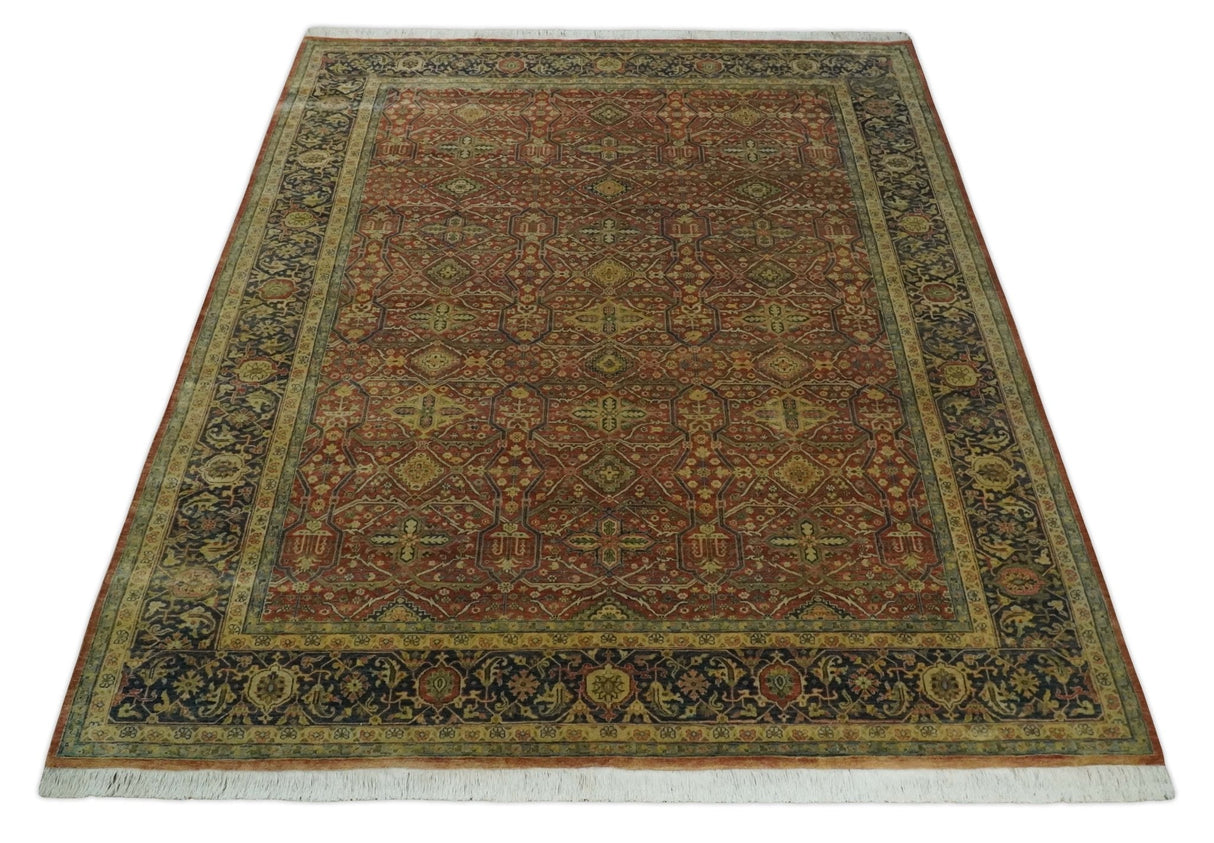 Fine Serapi Hand Knotted 9x12 Rust, Charcoal and Beige Traditional Antique Wool Area Rug