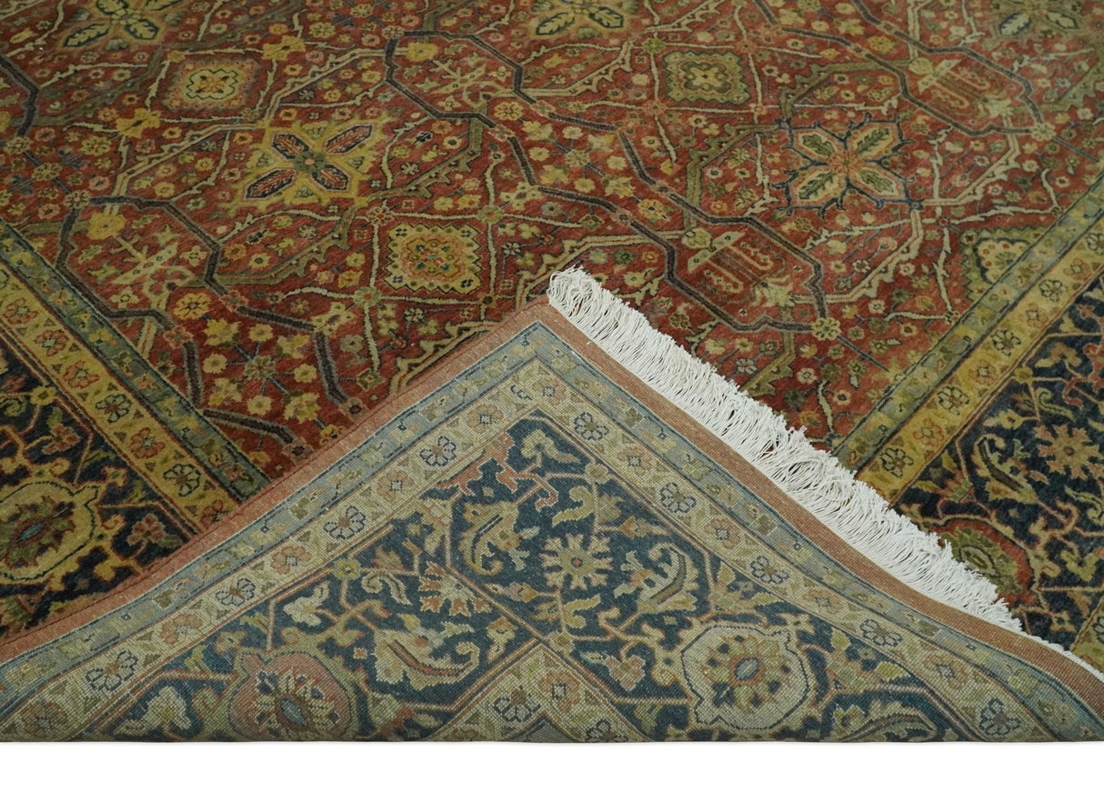 Fine Serapi Hand Knotted 9x12 Rust, Charcoal and Beige Traditional Antique Wool Area Rug