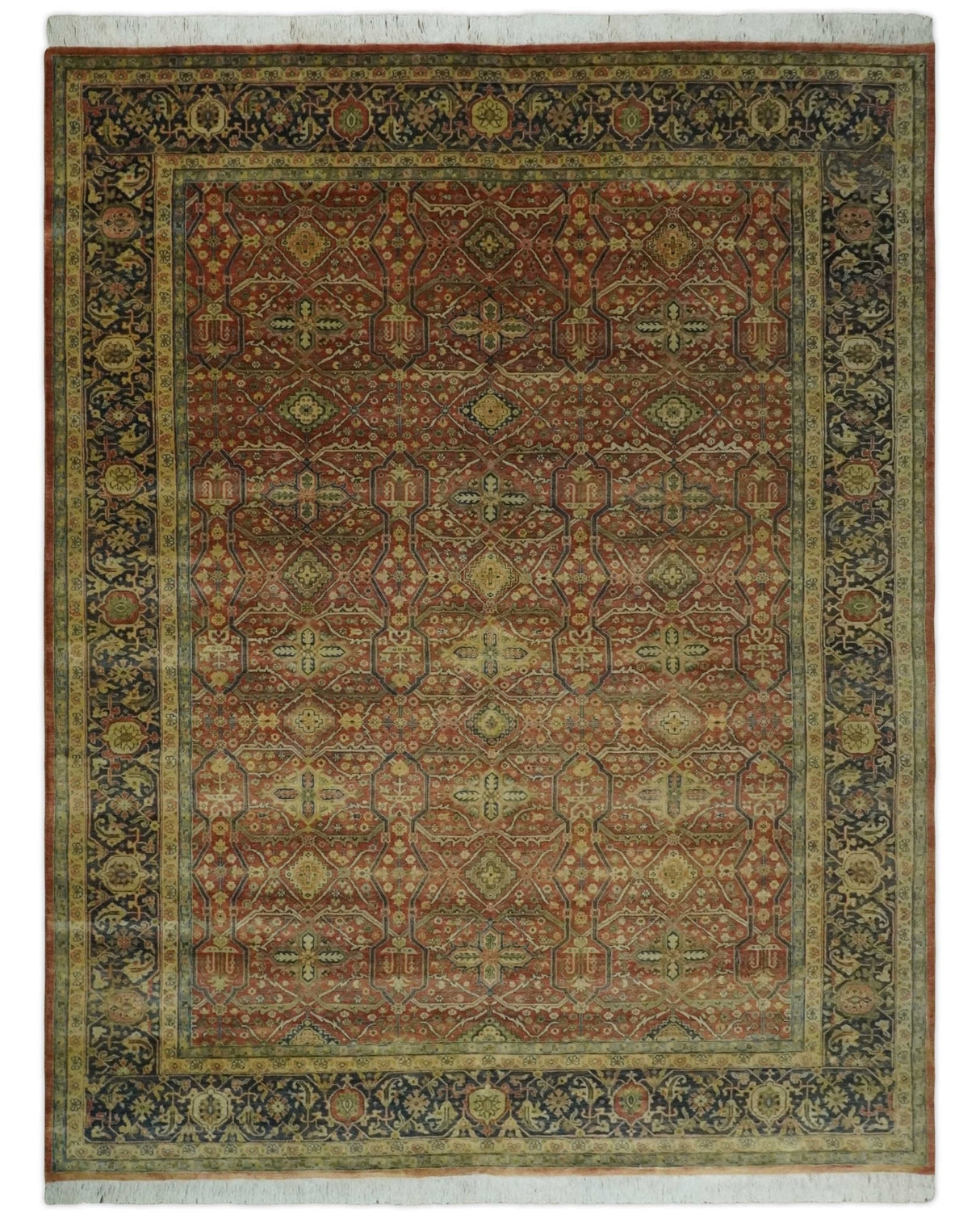 Fine Serapi Hand Knotted 9x12 Rust, Charcoal and Beige Traditional Antique Wool Area Rug