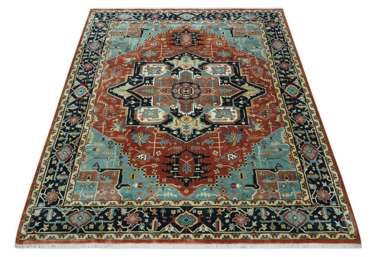 Fine Traditional Floral Hand knotted Brown, Aqua and Black 8x10 wool Area Rug