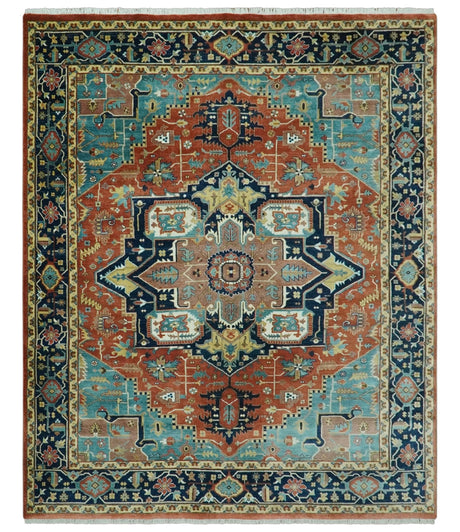 Fine Traditional Floral Hand knotted Brown, Aqua and Black 8x10 wool Area Rug