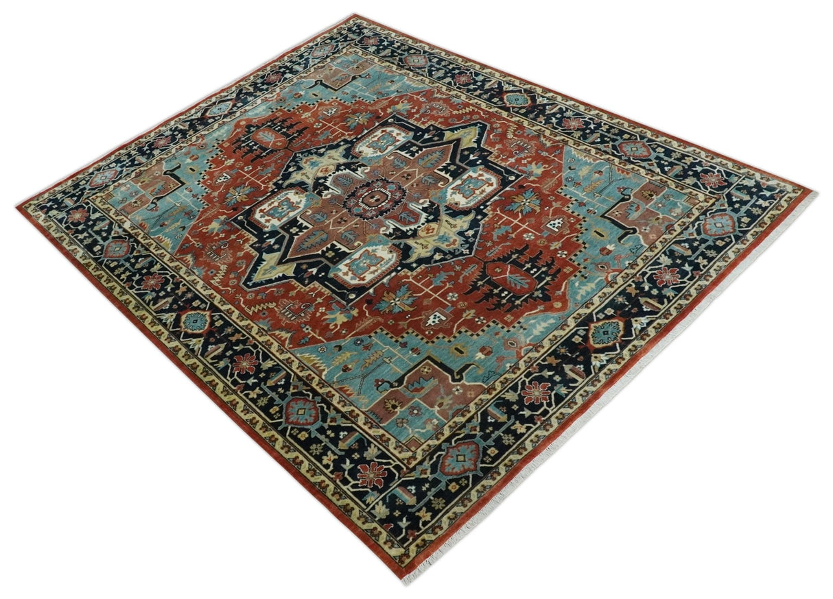 Fine Traditional Floral Hand knotted Brown, Aqua and Black 8x10 wool Area Rug