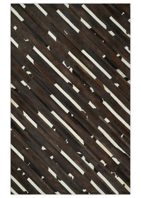 Flatweave Hairon Genuine Leather 5x8, 8x10 and 9x12 Brown Tan and Ivory Area Rug | LR16
