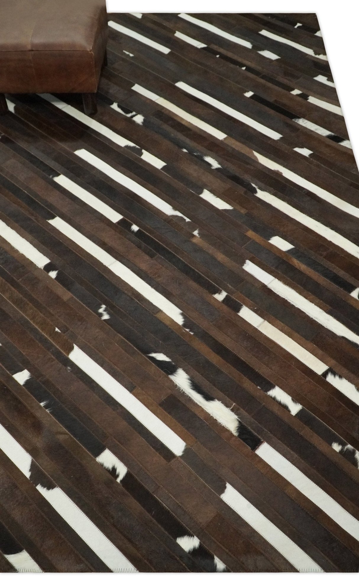 Flatweave Hairon Genuine Leather 5x8, 8x10 and 9x12 Brown Tan and Ivory Area Rug | LR16