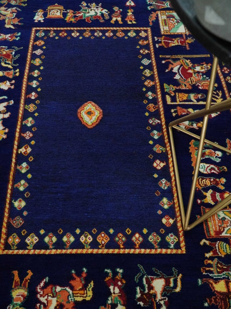 Flatwoven 5x7 Navy Blue Indian Wedding Soumak Rug, Hand Spun Wool Rug | KNT40