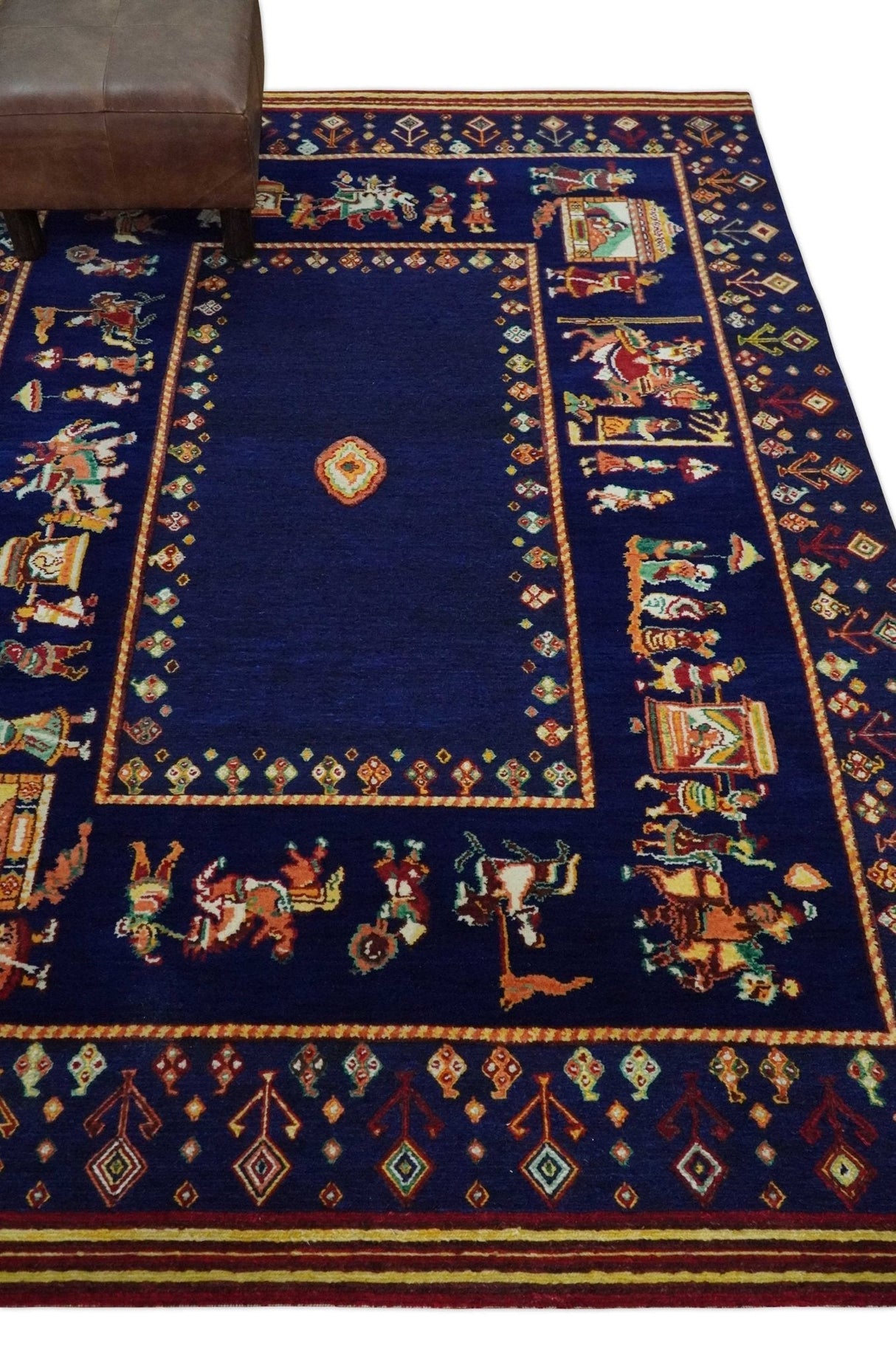 Flatwoven 5x7 Navy Blue Indian Wedding Soumak Rug, Hand Spun Wool Rug | KNT40
