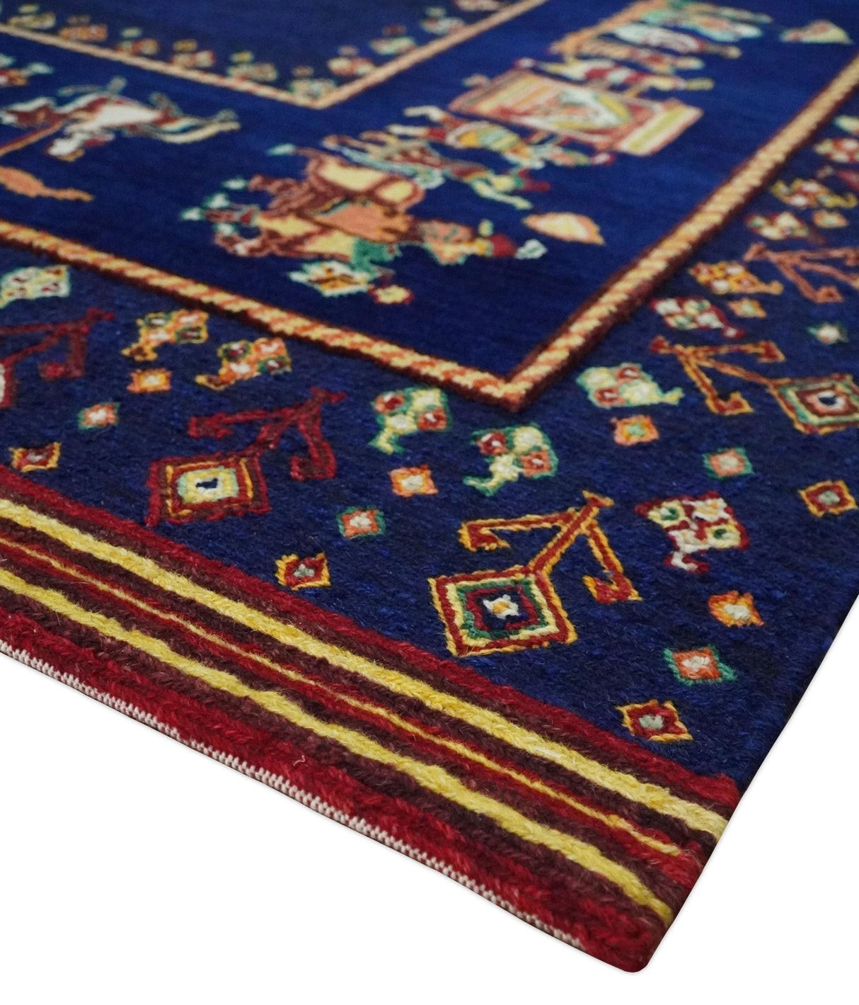 Flatwoven 5x7 Navy Blue Indian Wedding Soumak Rug, Hand Spun Wool Rug | KNT40