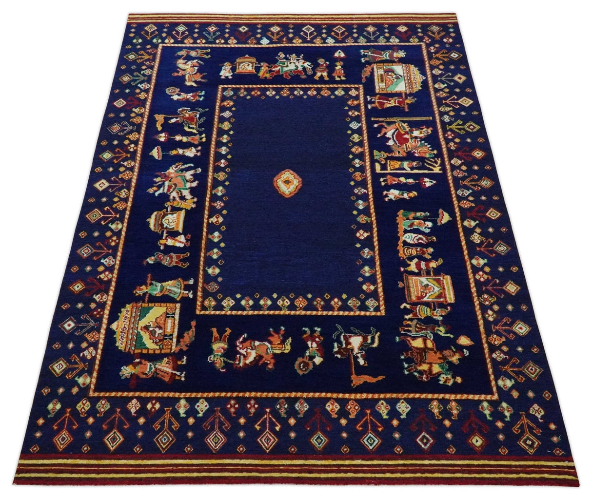 Flatwoven 5x7 Navy Blue Indian Wedding Soumak Rug, Hand Spun Wool Rug | KNT40