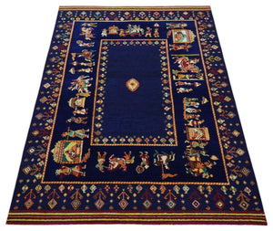Flatwoven 5x7 Navy Blue Indian Wedding Soumak Rug, Hand Spun Wool Rug | KNT40