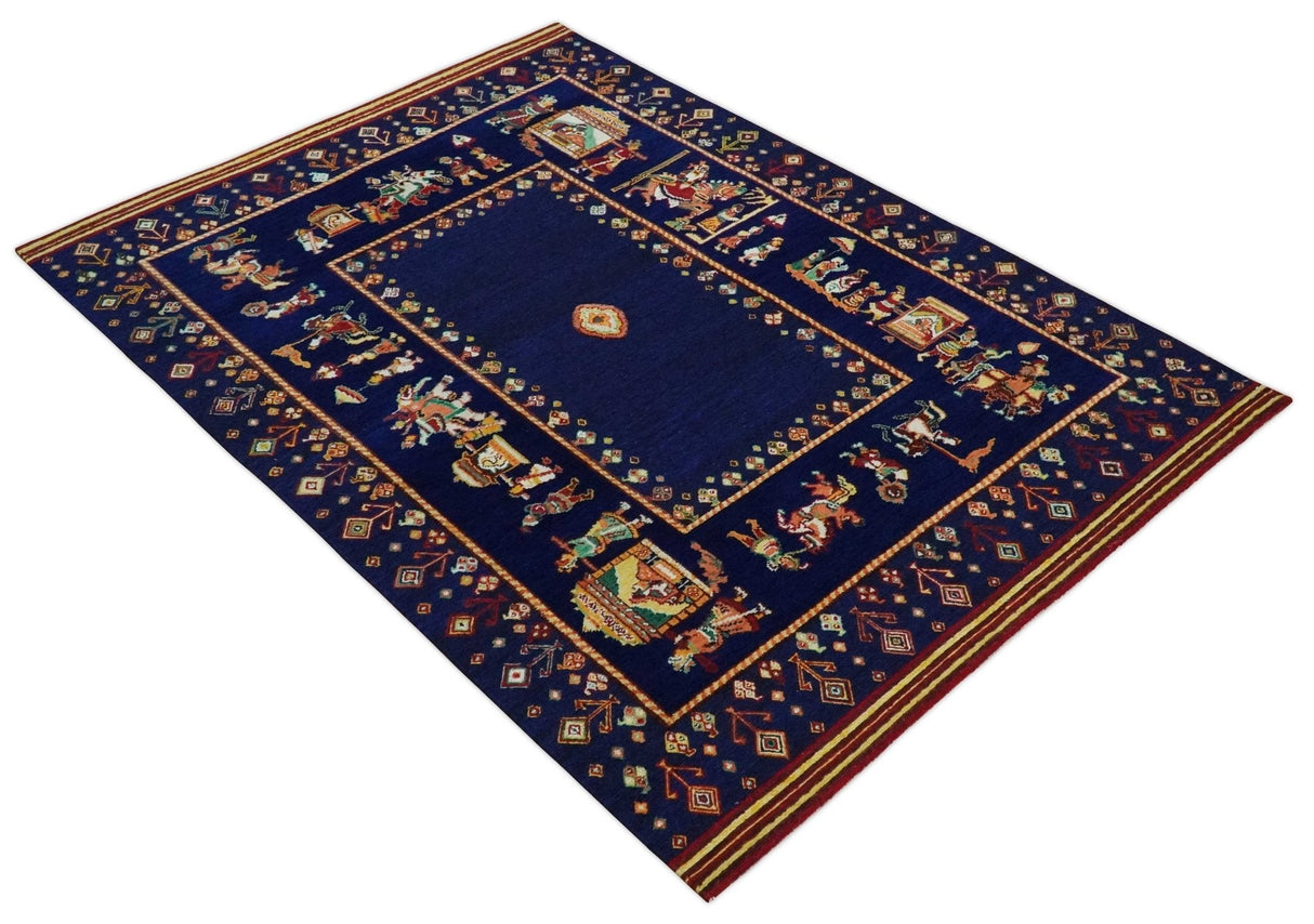 Flatwoven 5x7 Navy Blue Indian Wedding Soumak Rug, Hand Spun Wool Rug | KNT40
